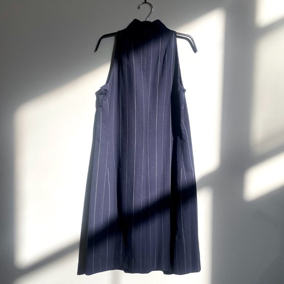 AKRIS Punto S5A Navy Pinstripe Pleat-Collar Sleeveless Midi Tent Dress sz 8 M - Picture 3 of 11